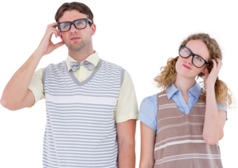 Geeky hipster couple thinking with hand on temple