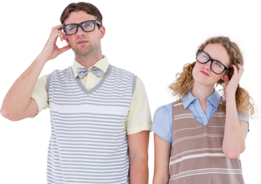 Geeky hipster couple thinking with hand on temple