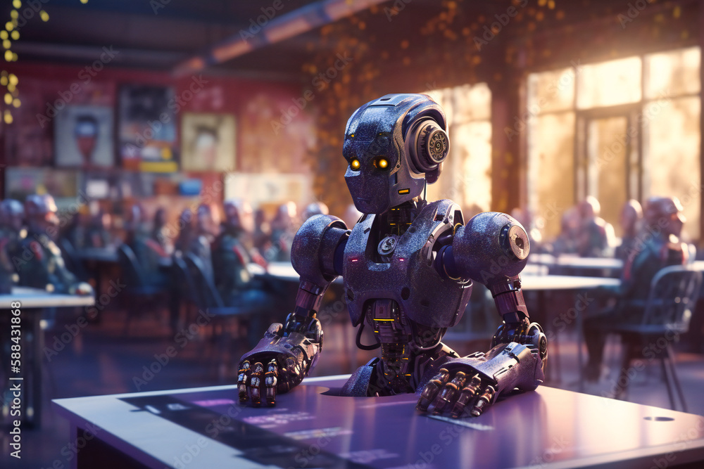 Poster humanoid robot, powered by artificial intelligence, interacting with students, enriching their learn