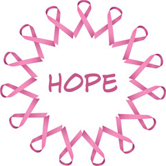 Graphic image of hope text amidst breast cancer awareness ribbons