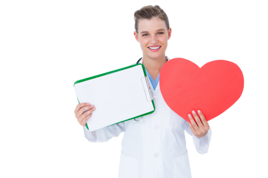Happy doctor holding clipboard and heart card  - Powered by Adobe