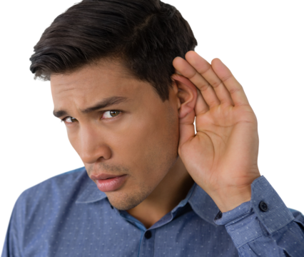 Close up portrait of businessman cupping ears