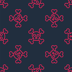 Red line Skull on crossbones icon isolated seamless pattern on black background. Happy Halloween party. Vector