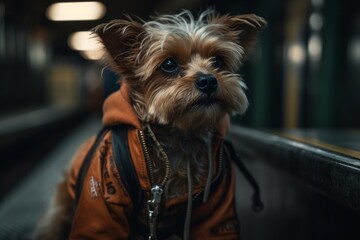 Illustration of a small dog wearing a jacket and fashionable streetwear on a subway platform created with Generative AI technology