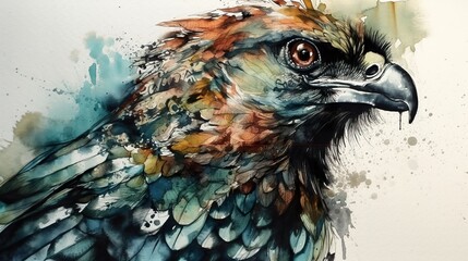 Hawk bird, head closeup, orange and emerald green watercolor style, AI generative