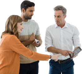 Business people discussing over digital tablet against white background
