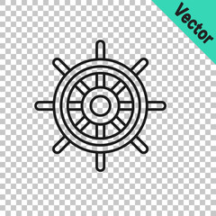 Black line Ship steering wheel icon isolated on transparent background. Vector