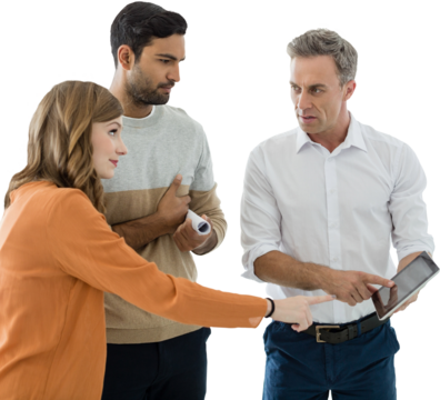 Business people discussing over digital tablet against white background
