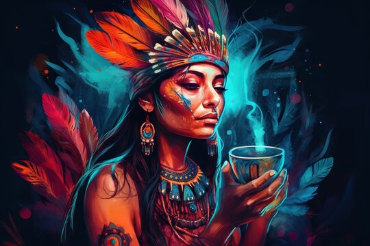 Indian shaman woman adorned with colorful feathers, who appears to be deeply inspired and engaged in an ayahuasca ceremony. Generative AI