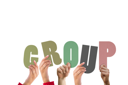 Colorful alphabet spelling group held up by people  - Powered by Adobe