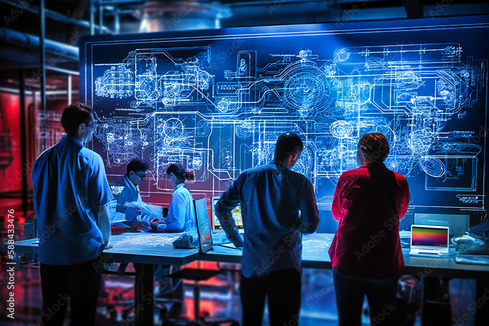 Poster industrial developers and scientists work together, scrutinizing engine blueprints displayed on a di