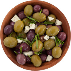 Olives with cheese and rosemary served in bowl