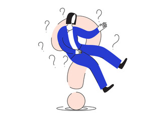 Businesswoman sitting on huge question mark. Difficulty making business decisions. Business questions. Vector illustration. Choosing work strategy