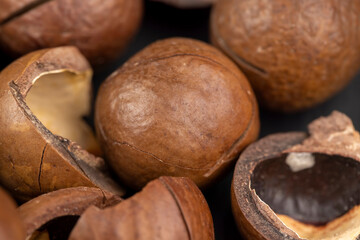 A bunch of ripe macadamia nuts in a hard shell