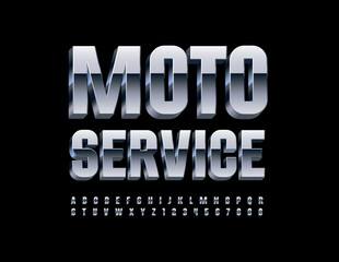 Vector metallic emblem Moto Service. Steel Alphabet Letters and Numbers. Modern Silver Font
