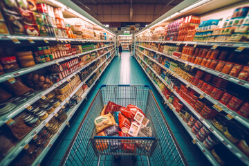 Person point of view of shopping cart full of groceries in a grocery store. Supermarket POV shopping, high quality generative ai