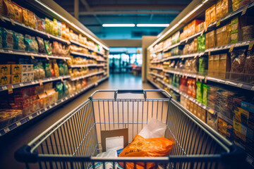 Person point of view of shopping cart full of groceries in a grocery store. Supermarket POV shopping, high quality generative ai - obrazy, fototapety, plakaty