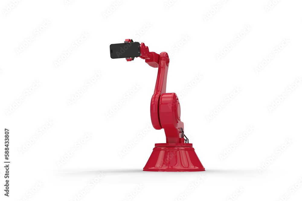 Poster digital generated image of robot holding mobile phone