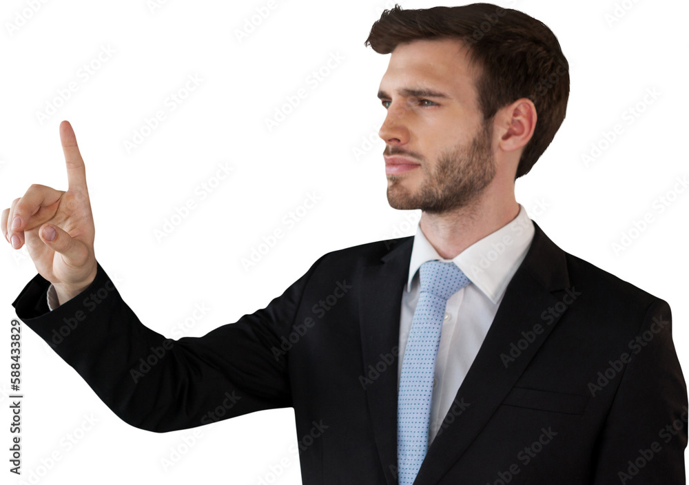 Poster businessman with stubble using invisible interface
