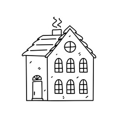 House building in hand drawn doodle style. Vector Icon. Architecture, construction, village, homepage. Coloring book page for kids.