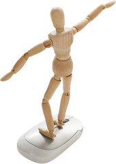 3d composite image of wooden figurine standing on computer mouse 