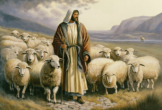 Jesus Good Shepherd. Painting illustration, generative ai
