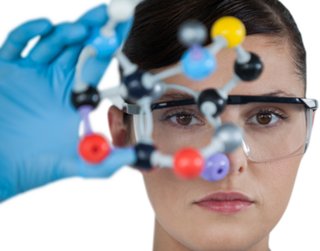 Portrait of female scientist holding molecular model