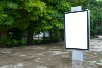 Empty blank billboard lightbox on city street in PNG isolated on transparent background