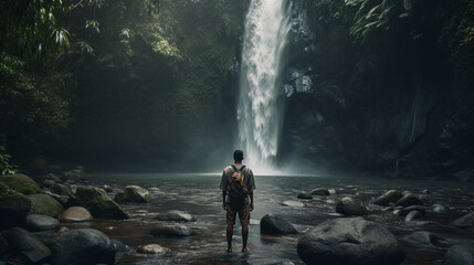 Fototapeta premium Image Generated AI. Man standing in front a waterfall
