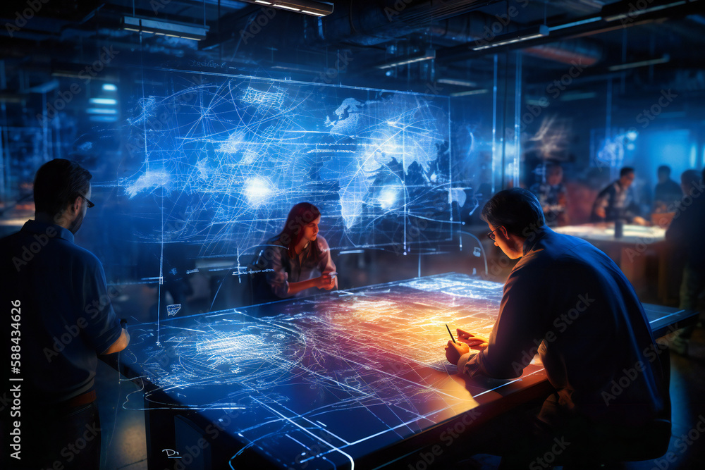 Aufkleber industrial developers and scientists work together, scrutinizing engine blueprints displayed on a di