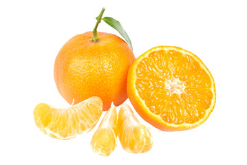 Orange mandarins with green leaf in PNG isolated on transparent background