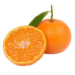 Two orange mandarins with green leaf in PNG isolated on transparent background