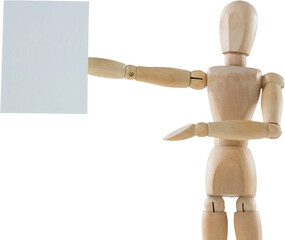 3d image of wooden figurine holding blank white board 