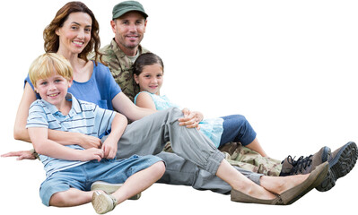Portrait of man in army clothing sitting with family