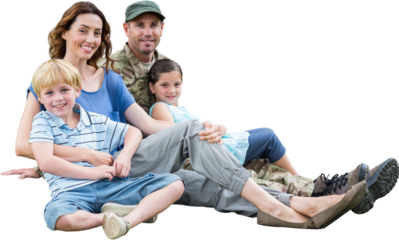 Portrait of man in army clothing sitting with family