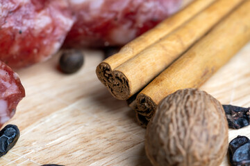 A whole nutmeg fruit on the kitchen table