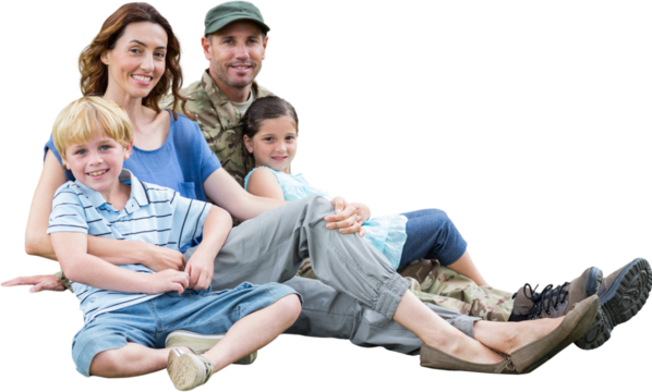 Portrait of man in army clothing sitting with family