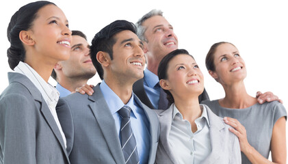 Business people looking up in office