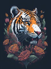 Tiger in flowers. AI generated illustration