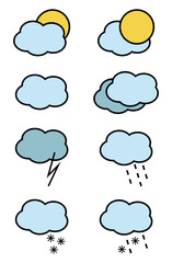 Set of blue clouds. Weather icons set. Weather forecast