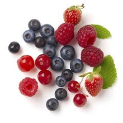 Delicious berries, raspberries, wigs, strawberries, blueberries, on a white background