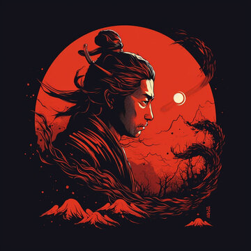 Samurai portrait, Japan, Japanese Samurai, Samurai Illustration, t-shirt design, generative ai