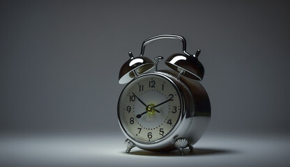 metallic vintage alarm clock with bell, isolated on dark background