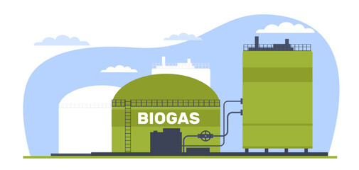 Biogas plant, green energy, alternative diesel. Environmental care, eco bio petroleum on gas station, renewable source, biofueling storage. Cartoon flat illustration. Vector concept