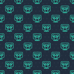 Obraz premium Green line Gift bow icon isolated seamless pattern on blue background. Vector