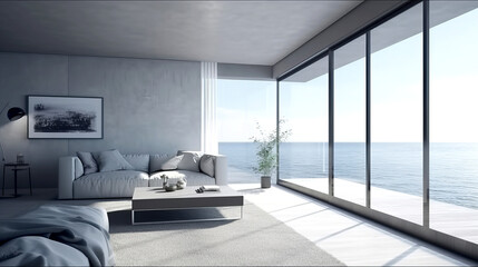 Modern bright room with large windows and sea view
