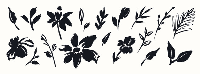Abstract vector flowers and leaves drawn with ink brush. Black plant elements isolated on white background - obrazy, fototapety, plakaty