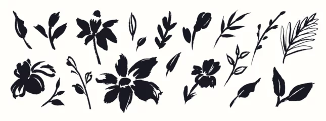 Schilderijen op glas Geschilderde Bloemen Abstract vector flowers and leaves drawn with ink brush. Black plant elements isolated on white background  © Feodora_21