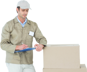 Delivery man writing on clipboard