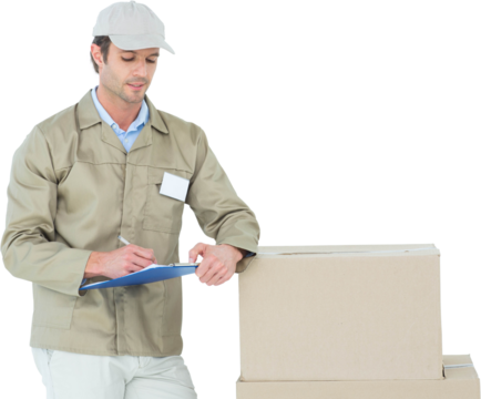 Delivery man writing on clipboard